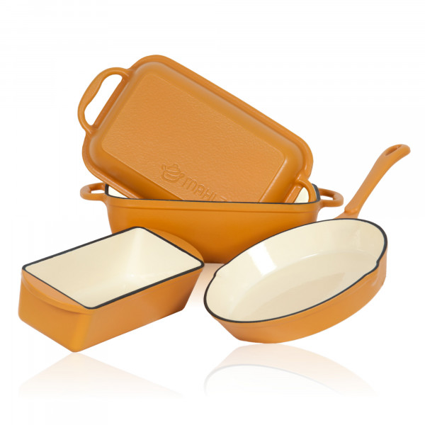 Mahlzeit 3-teiliges Gusseisen Set | Ø 24 cm, 1,6 Liter, 4,8 Liter | Sunny Orange | Kochset, Topfset