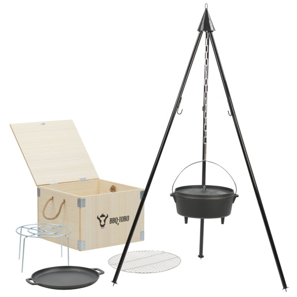 BBQ-Toro Dutch Oven Set 6-teilig mit Holzkiste, mit Topf, Pfanne, Grillrost, Untersetzer, Dreibein