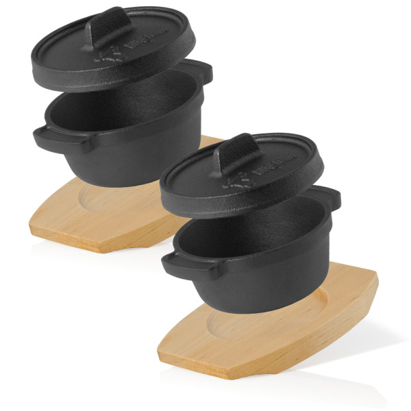 BBQ-Toro Mini Dutch Oven (2 Stück) | Ø 11 cm | Gusseisen Topf mit Holzunterlage