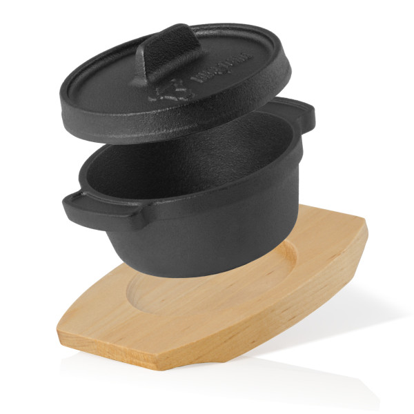 BBQ-Toro Mini Dutch Oven | 250 ml | Gusseisen Serviertopf mit Holzunterlage