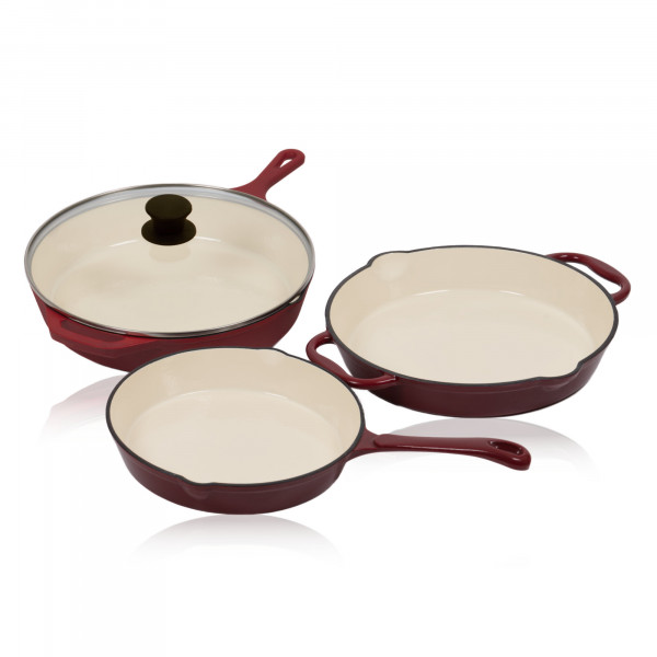 Mahlzeit 3-teiliges Pfannenset, Ø 24cm, Ø 29,5cm, Ø 29cm, Dark Cherry, Gußeisenbratpfanne