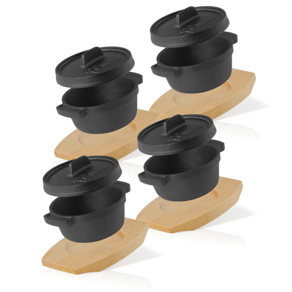 BBQ-Toro Mini Dutch Oven (4 Stück) | Ø 11 cm | Gusseisen Topf mit Holzunterlage
